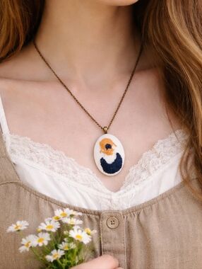 Hand-Embroidered Oval Pendant Necklace in White, Navy & Mustard